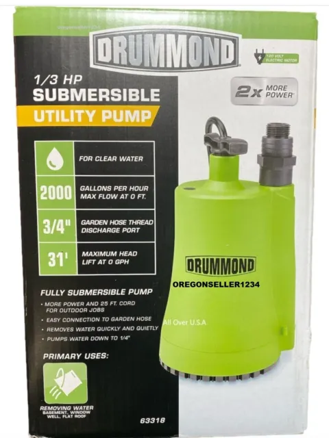 DRUMMOND  1/3 HP Submersible Utility Pump 2000 GPH