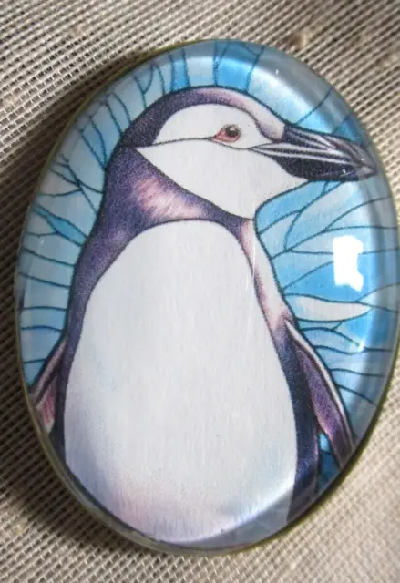 Xl Glass Pict Button "Stained Glass" Bird Series Penguin Surrounded By Water