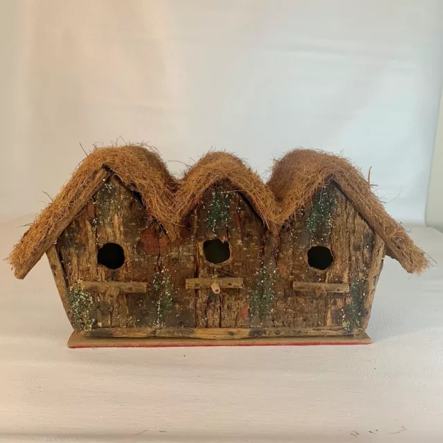 Primitive Wood Bird House 3 Holes w Perches Rustic Decorative Cottage Core 13.5"