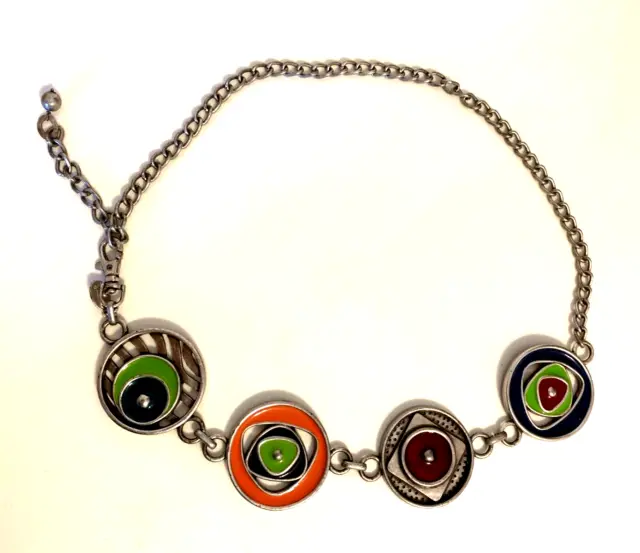 CHICO'S Silvertone Multi Color Orange Green Enamel Medallion Chain Belt 35" Long