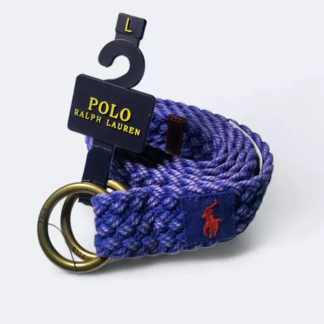 NWT POLO Ralph Lauren Leather Trim Braided Cotton O-Ring Belt Blue S, M, L, XL