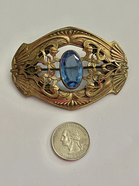 Antique Victorian Art Nouveau Light Blue Czech Art Glass Sash Belt Pin Brooch
