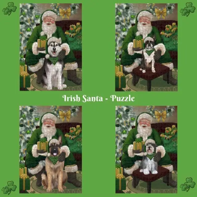 Christmas Irish Santa with Gifts Dogs Cats Photo Jigsaw Puzzle with Tin