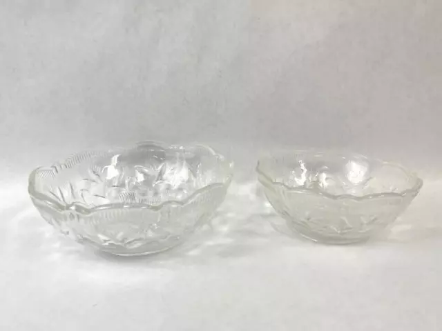 Set of 2 Vintage Small Clear Pressed Glass Serving Bowls Embossed Floral Design