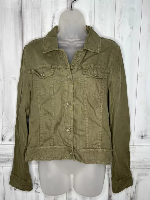 Womens Tommy Bahama Two Palms 100% Linen Raw Edge Button Up Jacket Olive Green M