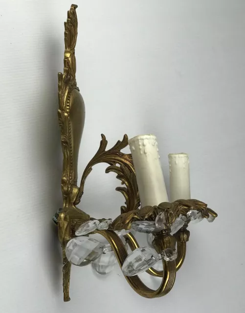 Vintage Ornate Brass Wall Sconce Crystal 2 Light 3