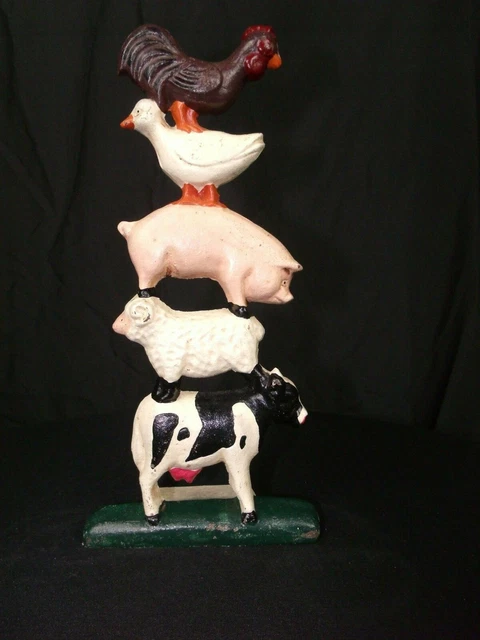 Vintage Cast Iron Door Stop Stacked Farm Animals Rooster Duck Sheep Pig & Cow
