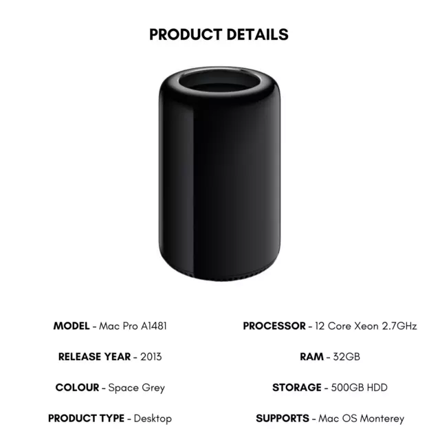 Apple Mac Pro 2013 Desktop 12 Core Xeon 2.7GHz Processor 32GB Ram 500GB Hdd 2