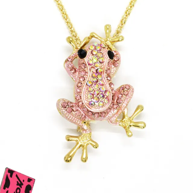 New Betsey Johnson AB Pink Rhinestone Cute Frog Crystal Pendant Chain Necklace