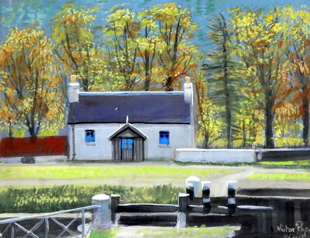 Vintage Painting Scotland Lock Keepers Cottage Caledonian Canal Victor Papworth