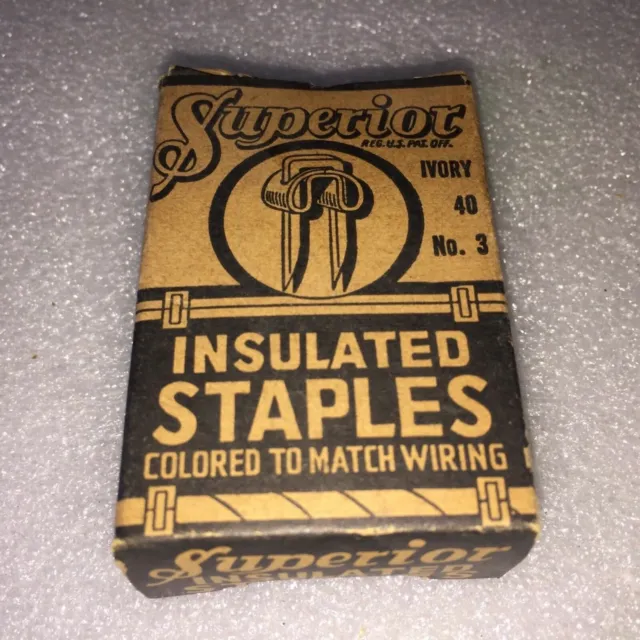 Vintage Superior 40 Pcs Insulated Wiring Staples Ivory # 3 Box