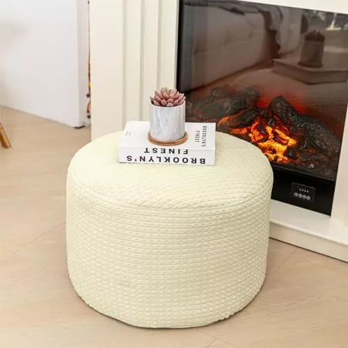 Pouf Ottoman Stuffed 20x20x12 Inches Floor Pouf Cream Checked Pouf With Filler