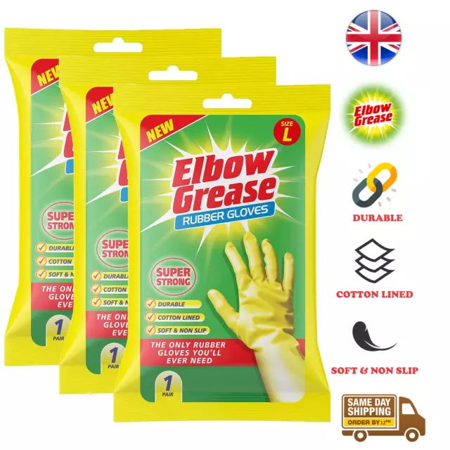 Elbow Grease Rubber Gloves Large Strong Soft Non Slip Durable Washing Up x3