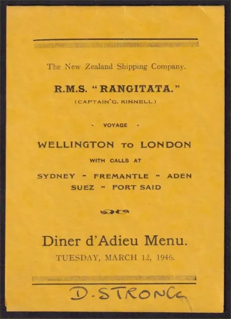 1946 R.M.S. RANGITATA 12th March Dinner Menu with Addition of Autographs. SCARCE