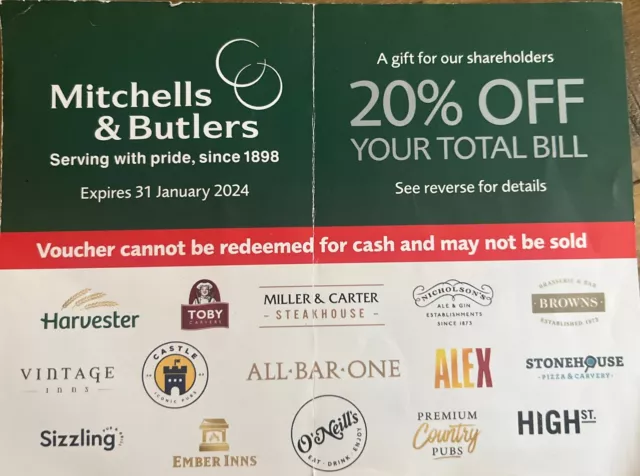 Mitchells & Butlers 20% off TOTAL Bill. Miller & Carter, All Bar 1.