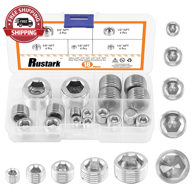 18 Pcs 304 Stainless Steel Pipe Plugs Assortment Set with 1/8" 1/4" 3/8" 1/2" 3/