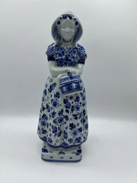Vintage Blue White Royal Delft Porcelain Woman Basket Dutch Holland 11.5 Inches