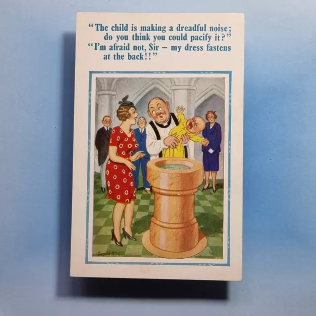 Donald McGill Comic Postcard C1950 Vicar Font Christening Baby Cry Pacify