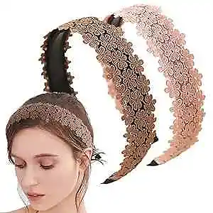 2PC Women Floral Lace Headbands, Vintage Knit Pattern Hair A03 Pink + Brown