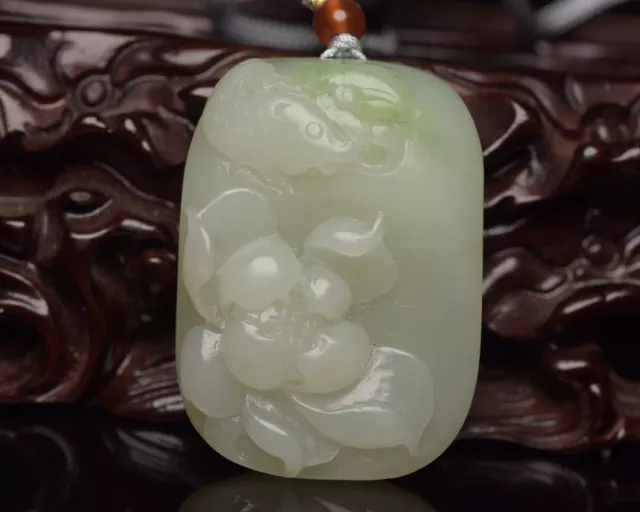 Chinese Antique Qing Dynasty Hetian Ancient Jade Carved Flower Fish Jade Pendant