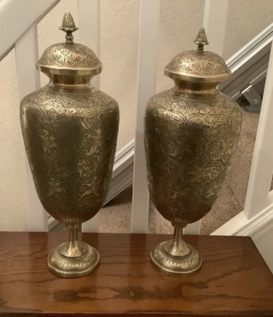 Antique Indian Brass Vases x 2 Large 15 1/2” Inches And Heavy Nearly 3.5 Kilos