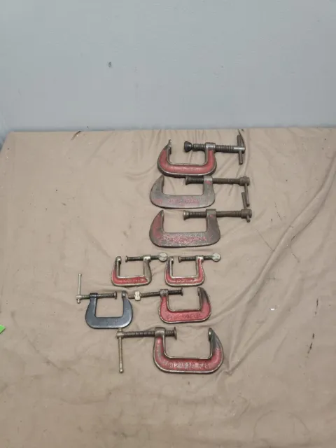 Lot of (8) Vintage C Clamps  Varied Adjustable Clamps USA Various Makers