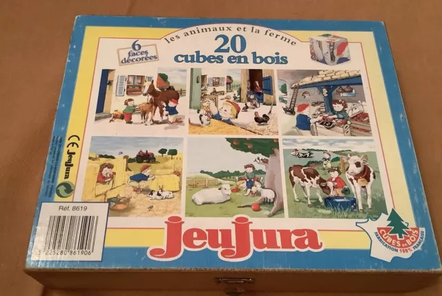 Jeu de Cube en Bois Vintage JeuJura Animaux de la Ferme - 6 Puzzles, 20 Cubes