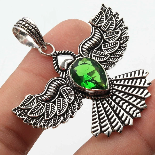 Peridot Quartz Silver Plated Eagle Style Pendant 2" Gemstone Jewelry W10155