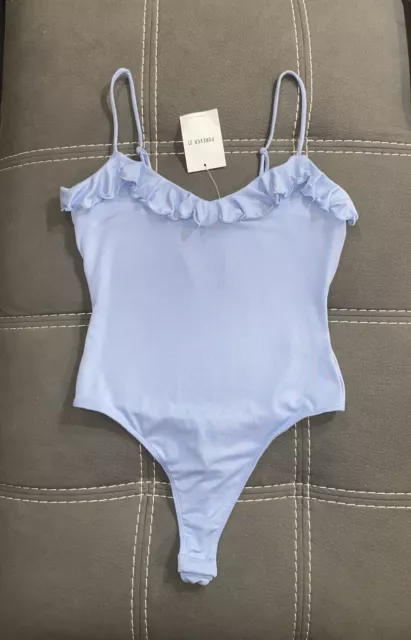 New FOREVER 21 Bodysuit Large Ruffle Trim Cami Thong Adjustable Straps