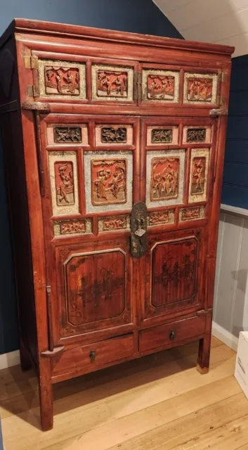 Antique Chinese wedding cabinet, Carved paneling with mineral inlay. 