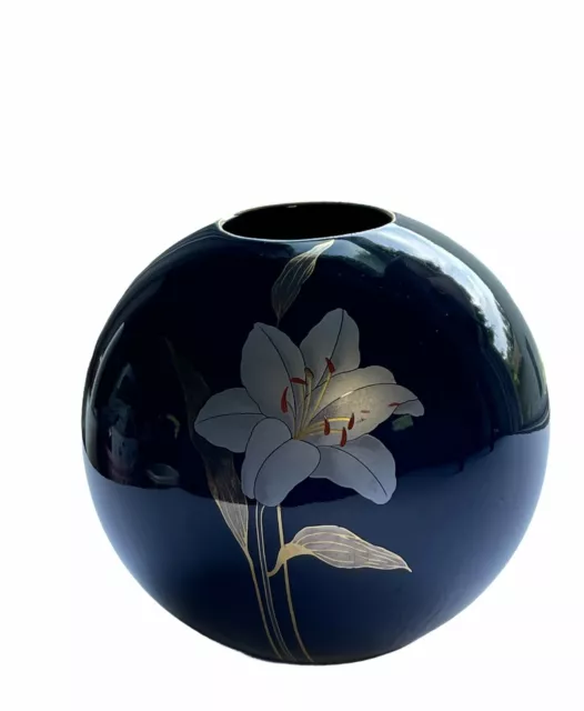 Otagiri Cobalt Blue Porcelain Ball Vase With Iris Flower MADE IN JAPAN