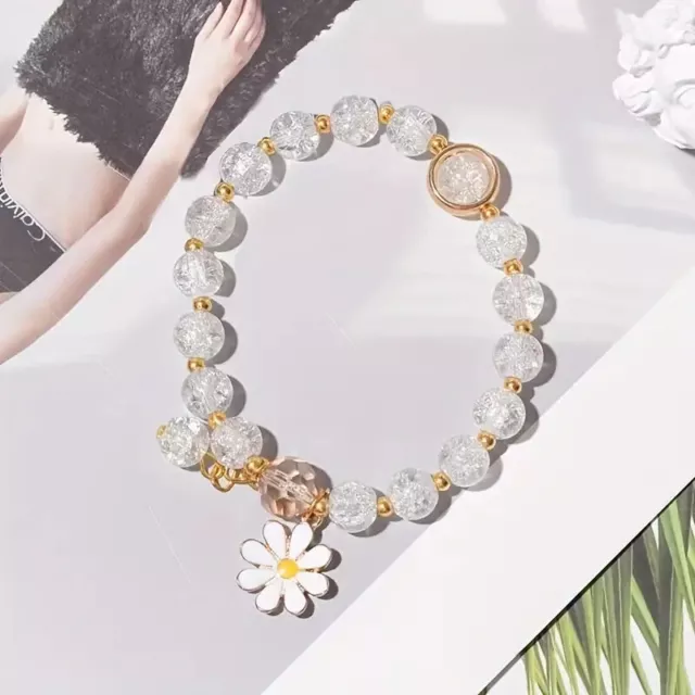 Stunning Real Glass Bead Stretch Bracelet with Daisy Flower Pendant Special Gift 3