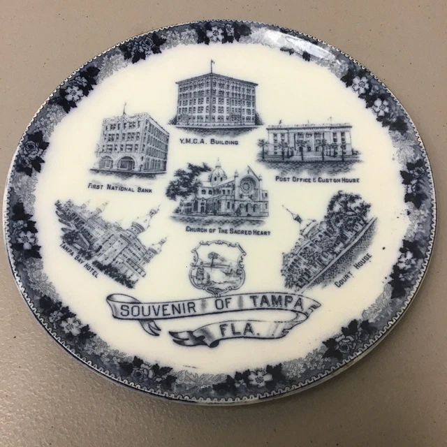 W ADAMS & CO ENGLAND Souvenir Tampa Florida- J H R & CO Antique FLOW BLUE