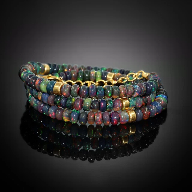 Bracelet En Argent 925 Avec Perles D'Opale Noire Naturelle - 7,8 Pouces, Réglable