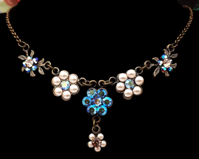 Michal Negrin Necklace Pearl Silver Crystal Flowers Victorian Drop Pendant Bib