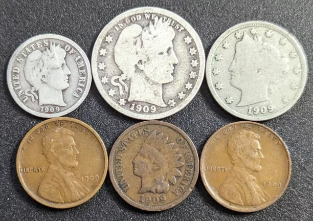 1909 Six Coin Lot - Barber Quarter + Dime VDB Cent Indian Cent Liberty Nickel