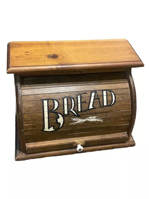 Vintage Wood Roll Top Bread Box Rustic Farmhouse Country Kitchen 18"