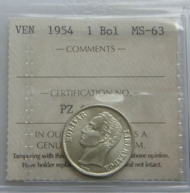 Venezuela Coin 1 Bolivar 1954, Silver .835, 23 mm, 5 gr.