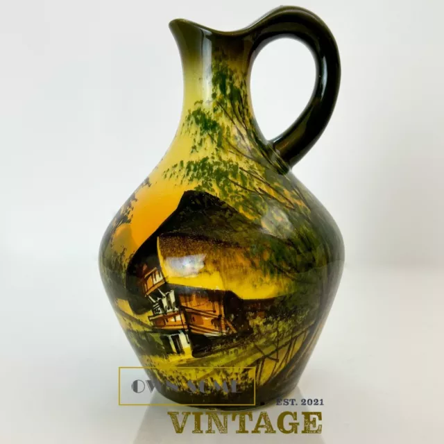 Antique Majolica Hand Painted Pottery Vase with Handle