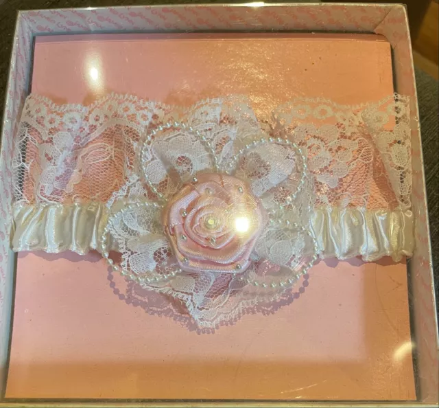 Vintage Jamie Lynn Bridal Wedding Garter Belt White Lace W/ Pink Rose Pearls NIB