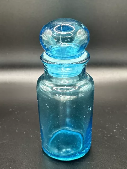 Vintage Blue Apothecary Glass Jar Bottle Container Made In Taiwan 5"  Bubble Lid