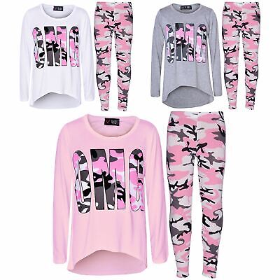 Kids Girls OMG Camo Print 3/4 Sleeves T Shirt Tops & Legging Set 7-13 Yr