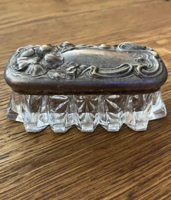 Vtg Art Nouveau Style Trinket Box Pressed Metal Lid w/Clear Glass Bottom 4" Long