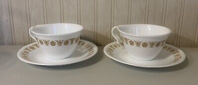 Pair Of Vintage 1970’s Corelle Butterfly Gold Hook Handle Cups and Saucers