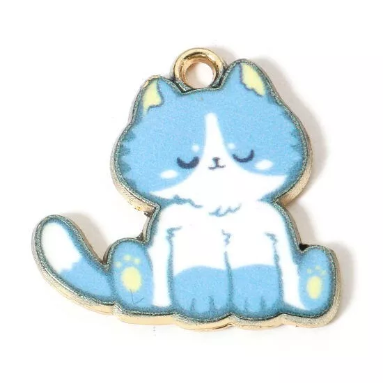 10 Really Cute Blue Cat Shaped Gold Tone Pendant Charms with Enamel Detail