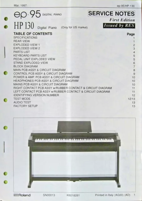 Roland EP-95 HP-130 Piano Numérique Clavier Original Service Manuel Schem. Livre
