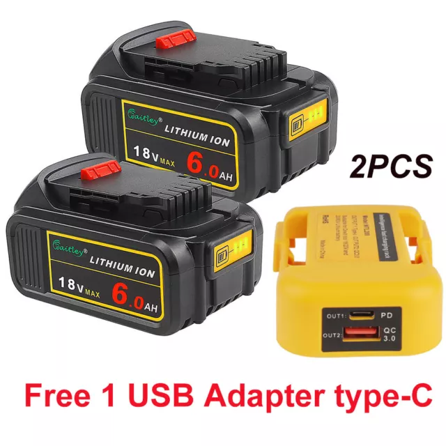 2x for DeWalt DCB184 18V 6.0AH Li-Ion Power Tool Battery+Adapter Type-C