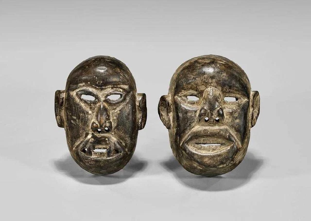 Two Antique Naga Carved Wood Mask. Headhunter's Trophy.