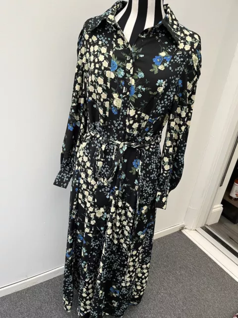 Oasis Ladies Black Blue Floral Midi Shirt Dress Size 10