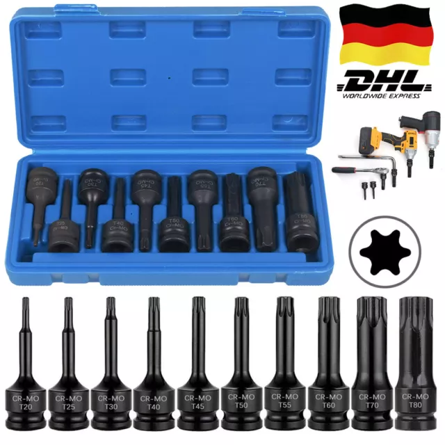 10-TLG Schlagschrauber Nüsse T20-T80 Kraft Steckschlüssel Set 1/2 Zoll TORX Nuss